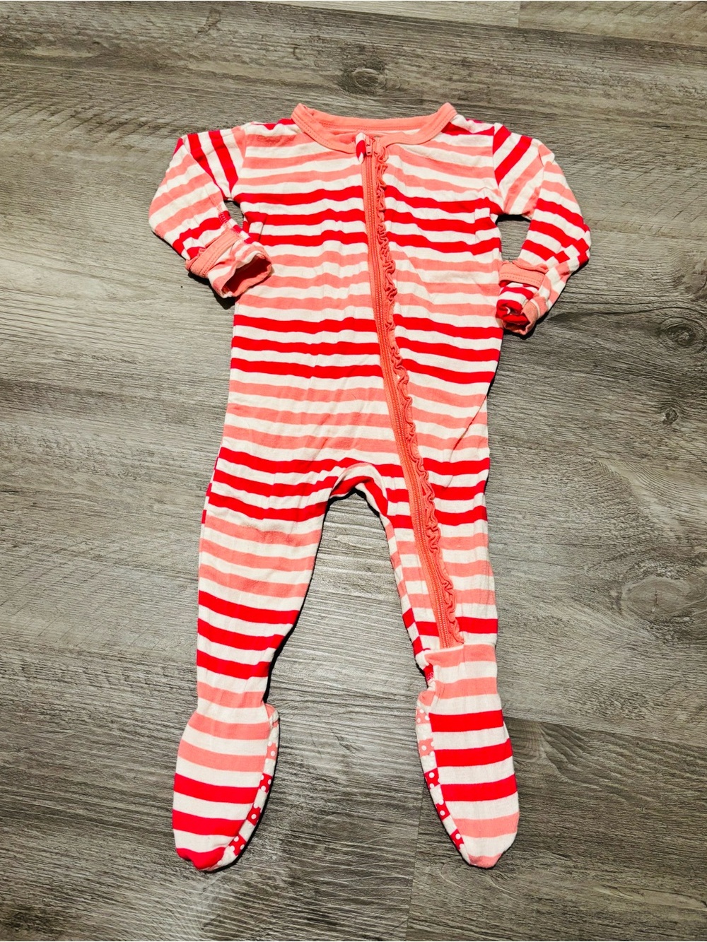 Kickee Pants Bamboo Coral and Red Striped Footies Pajama Sleeper baby girl